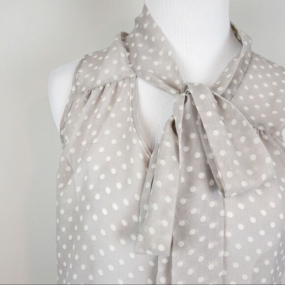 Daniel Rainn Grey Polka Dot Neck Tie Sleeveless Blouse Size Small Sheer Neutral - Picture 3 of 8